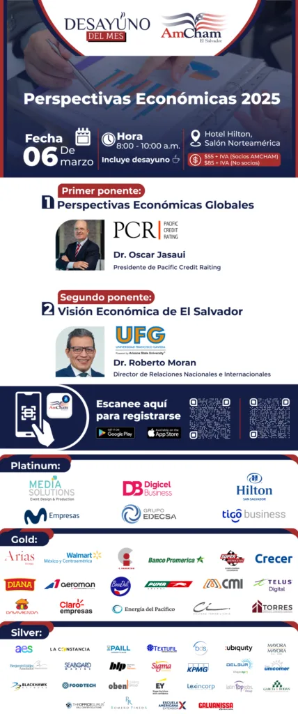 Desayuno del Mes Perspectivas Economicas 2025 AmCham El Salvador. desayuno del mes