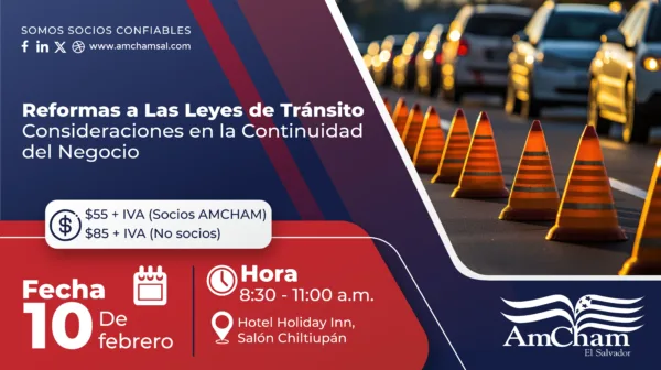 Banner evento Reformas a las Leyes de Tránsito AmCham El Salvador 2025.