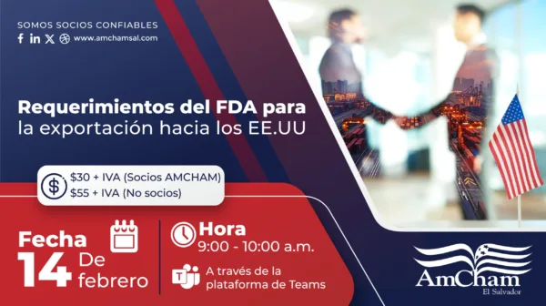Banner evento Requerimientos del FDA para exportación AmCham El Salvador 2025.