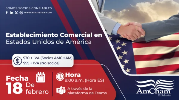 Banner evento Establecimiento Comercial en Estados Unidos AmCham El Salvador 2025.