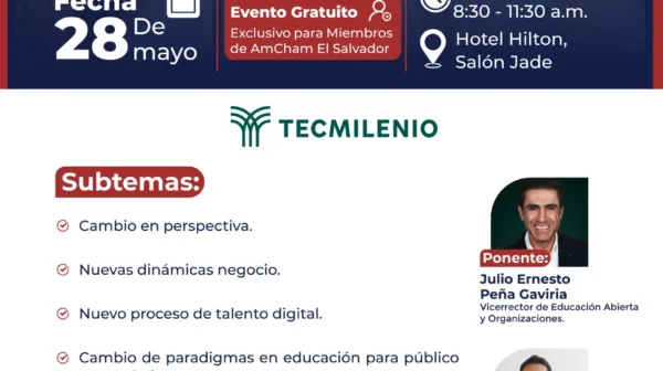 Flyer evento AmCham El Salvador 2025 Nuevas Disrupciones en la Educación en la Era Digital.